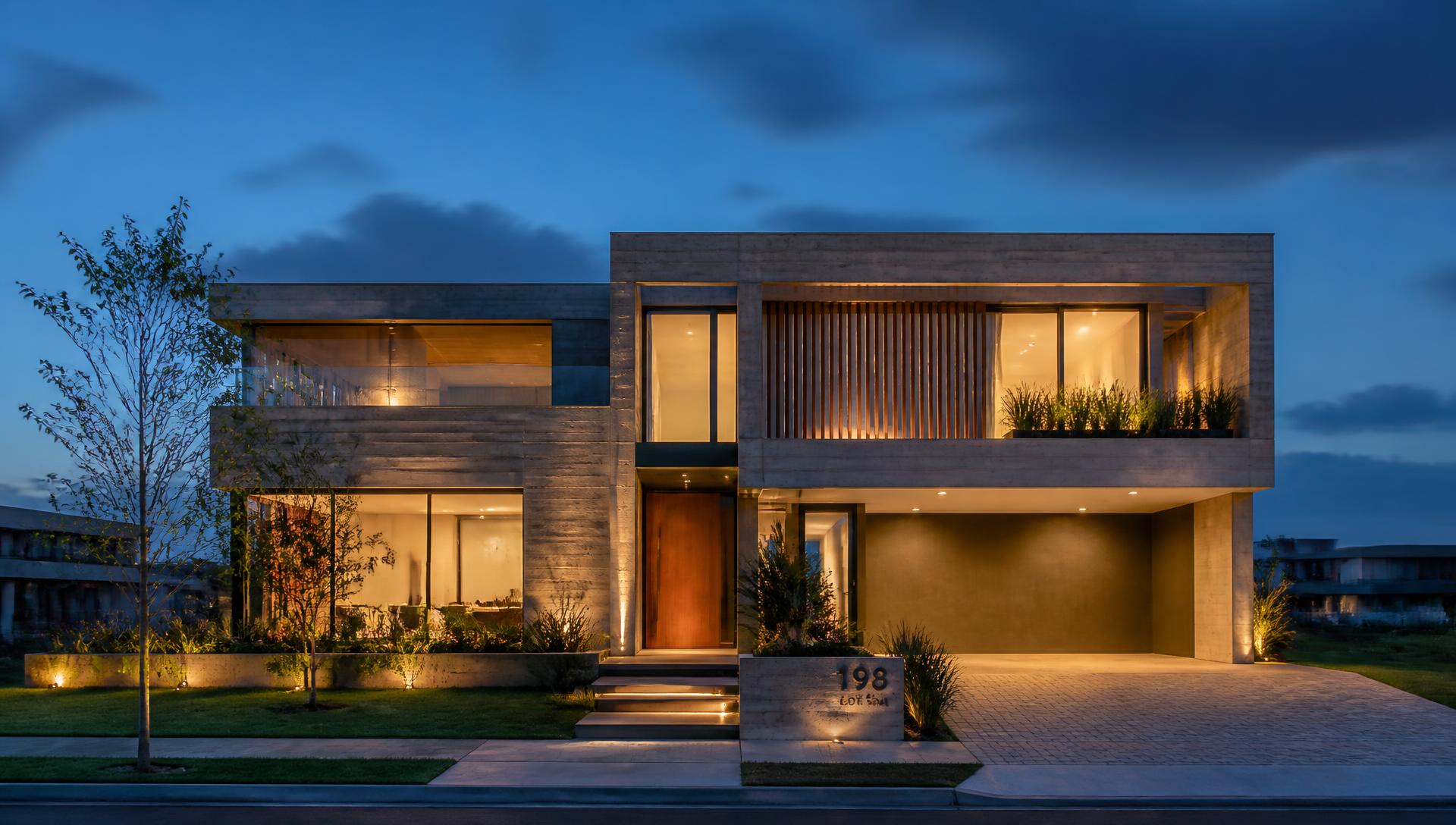 Vivienda contemporánea de hormigón y madera iluminada al atardecer